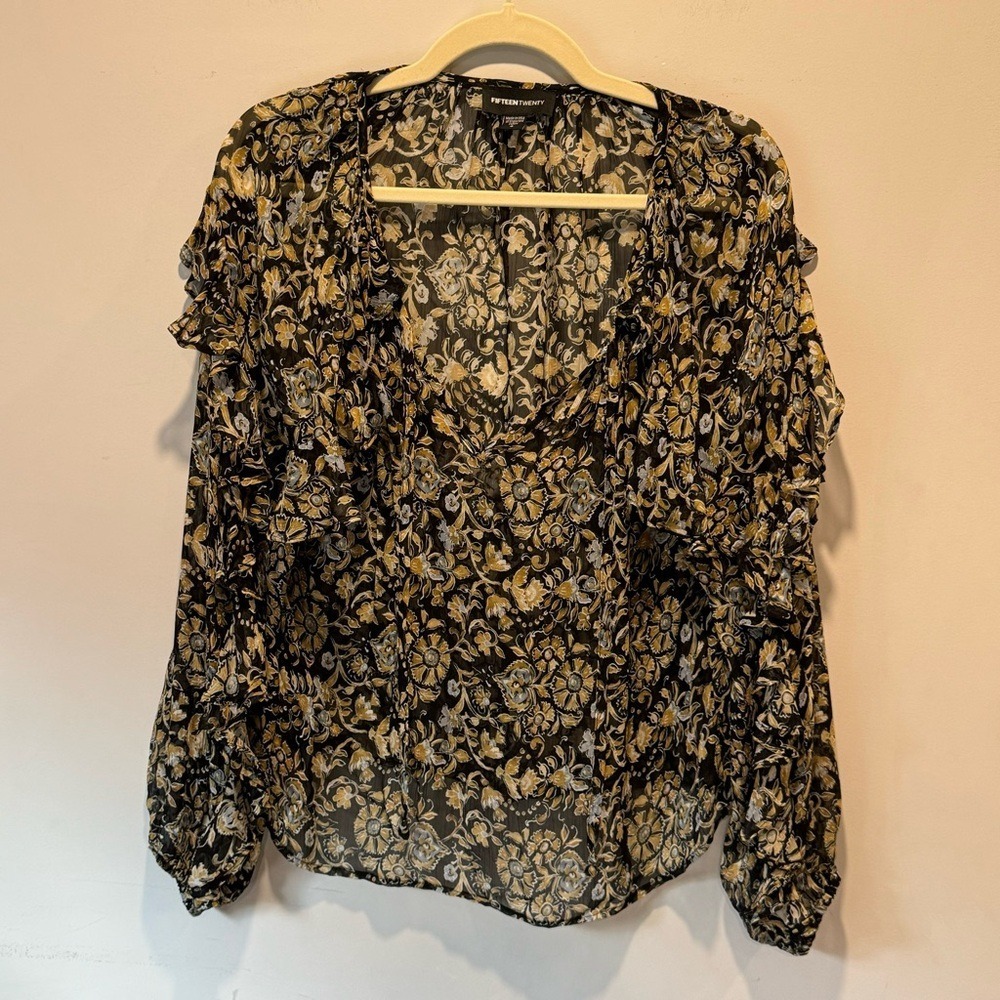 Fifteen Twenty Floral Paisley Ruffle V-Neck Blouse Sheer Long Sleeve Small Black